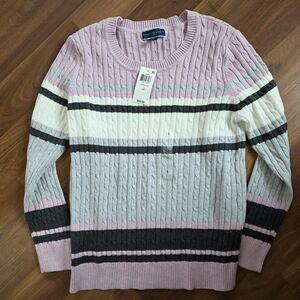 Karen Scott Women's Sweater in Pink, Gray, and White Stripes